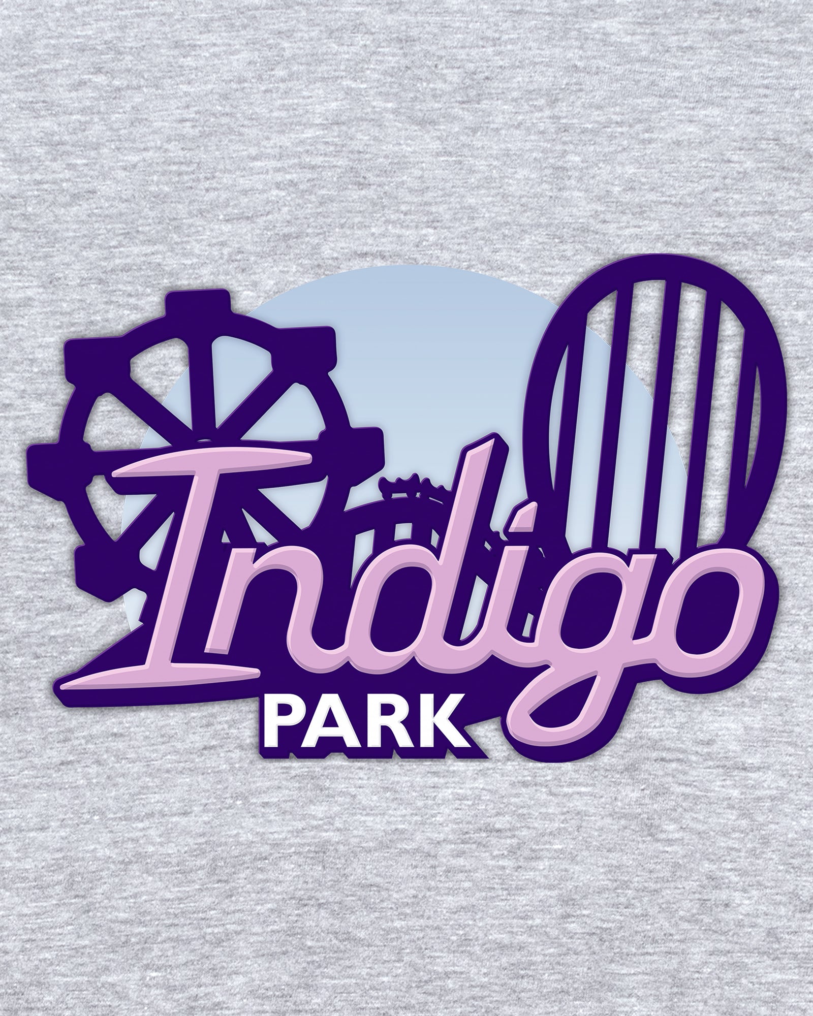 image on shirt: ferris wheel, roller coaster in background. text: indigo park