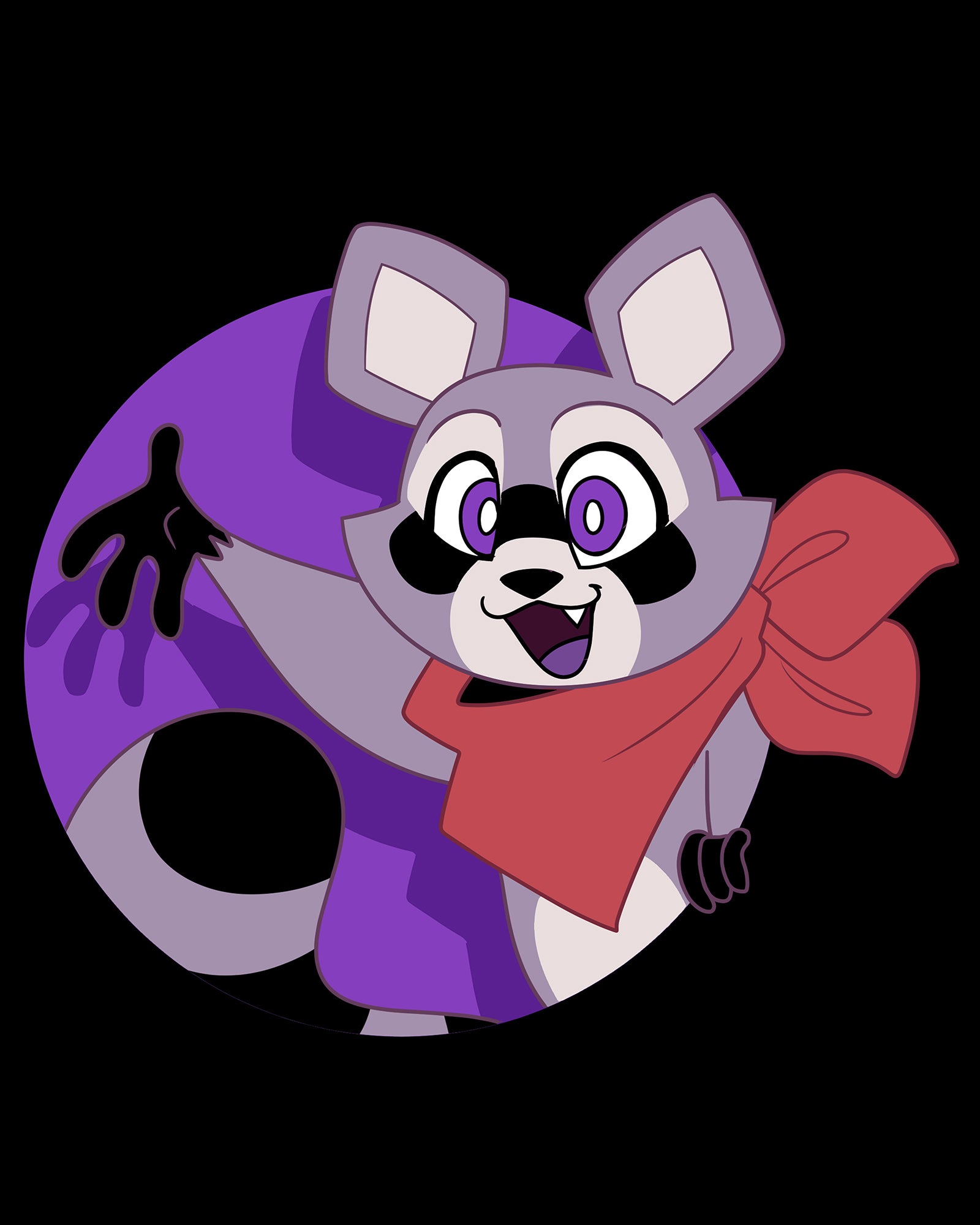 image on shirt: rambley the raccoon with arm sticky out in purple circle