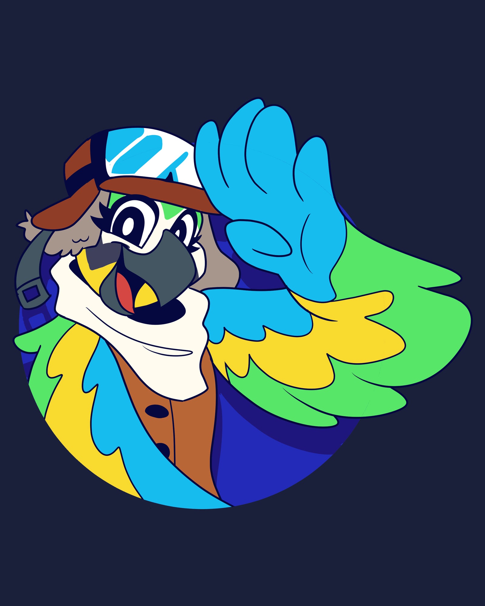 image on shirt: mollie macaw saluting in blue circle