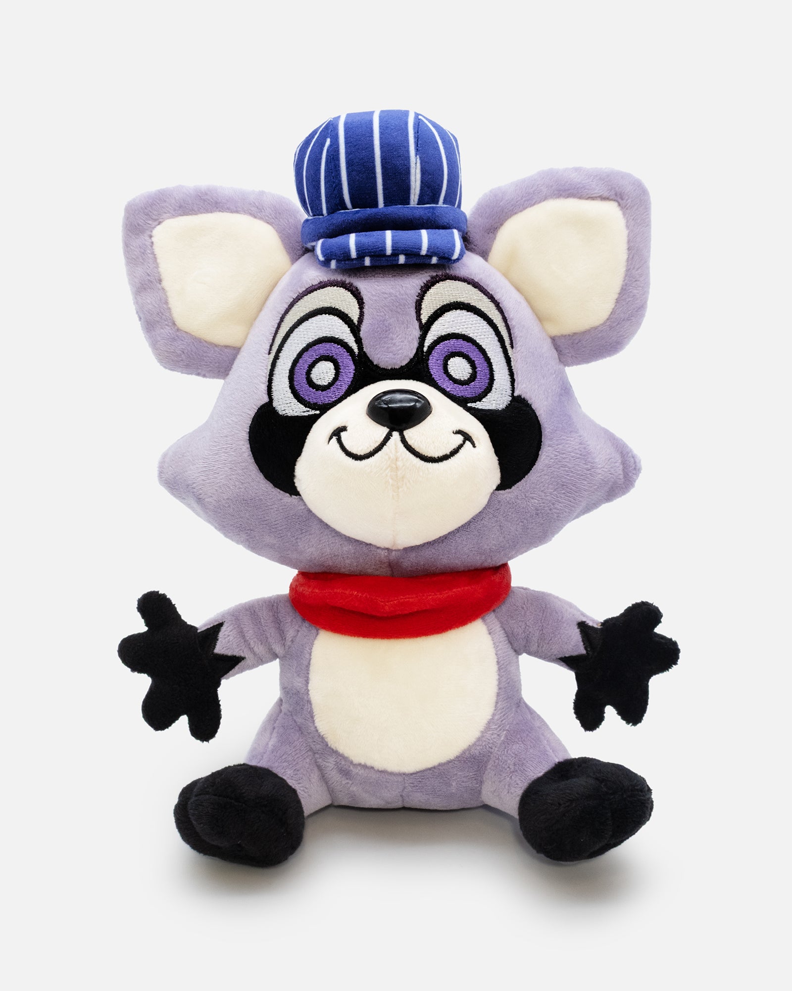 Plush toy resembling a character with a purple fur, red scarf, and blue hat on a white background