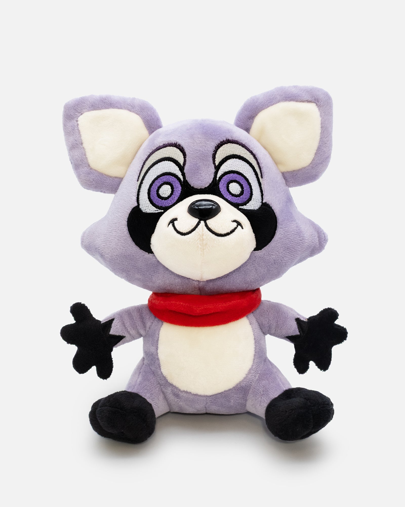 Plush toy with purple fur, black hands, and a red scarf on a white background