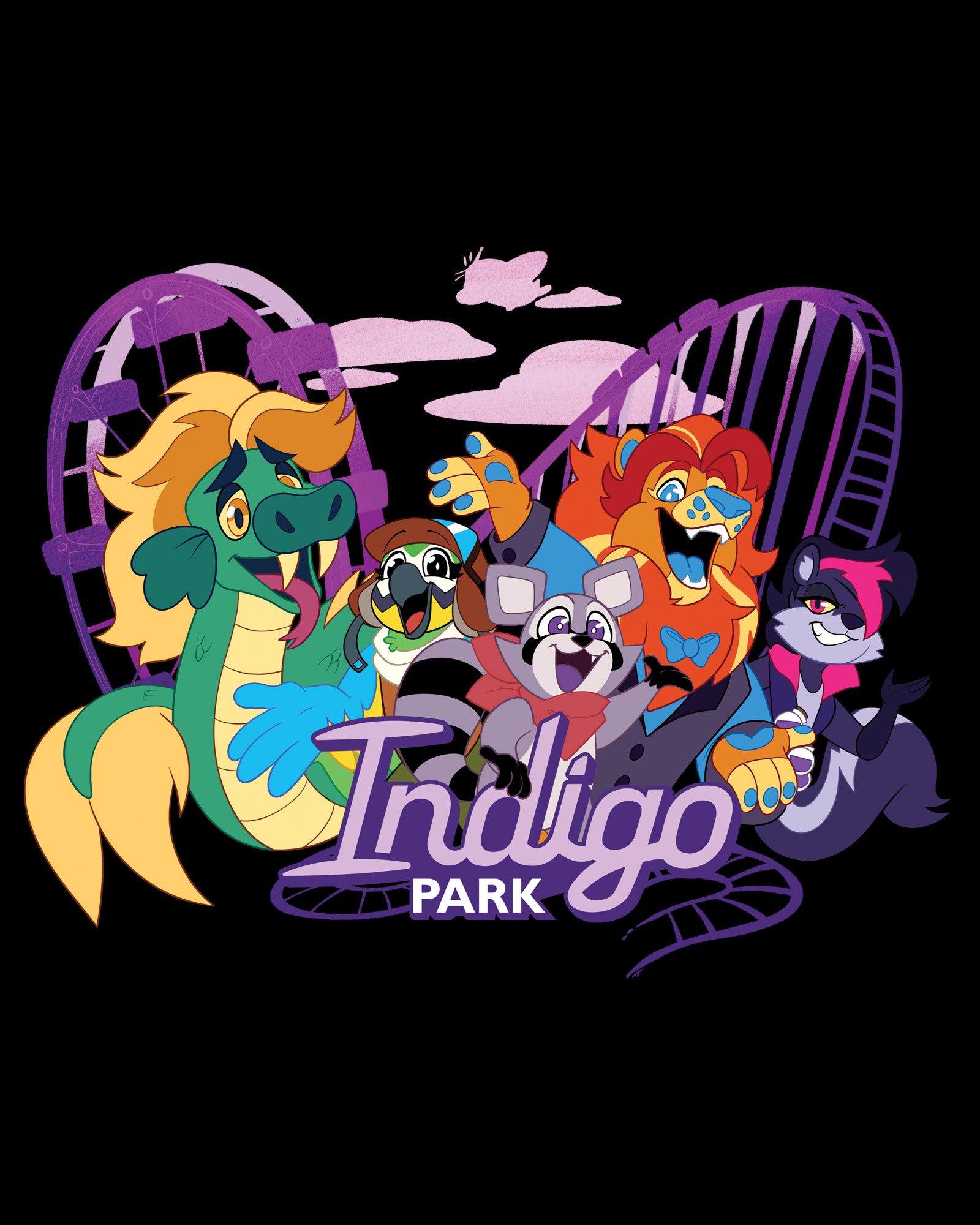 Cartoon characters in front of a roller coaster with 'Indigo Park' text on a black background