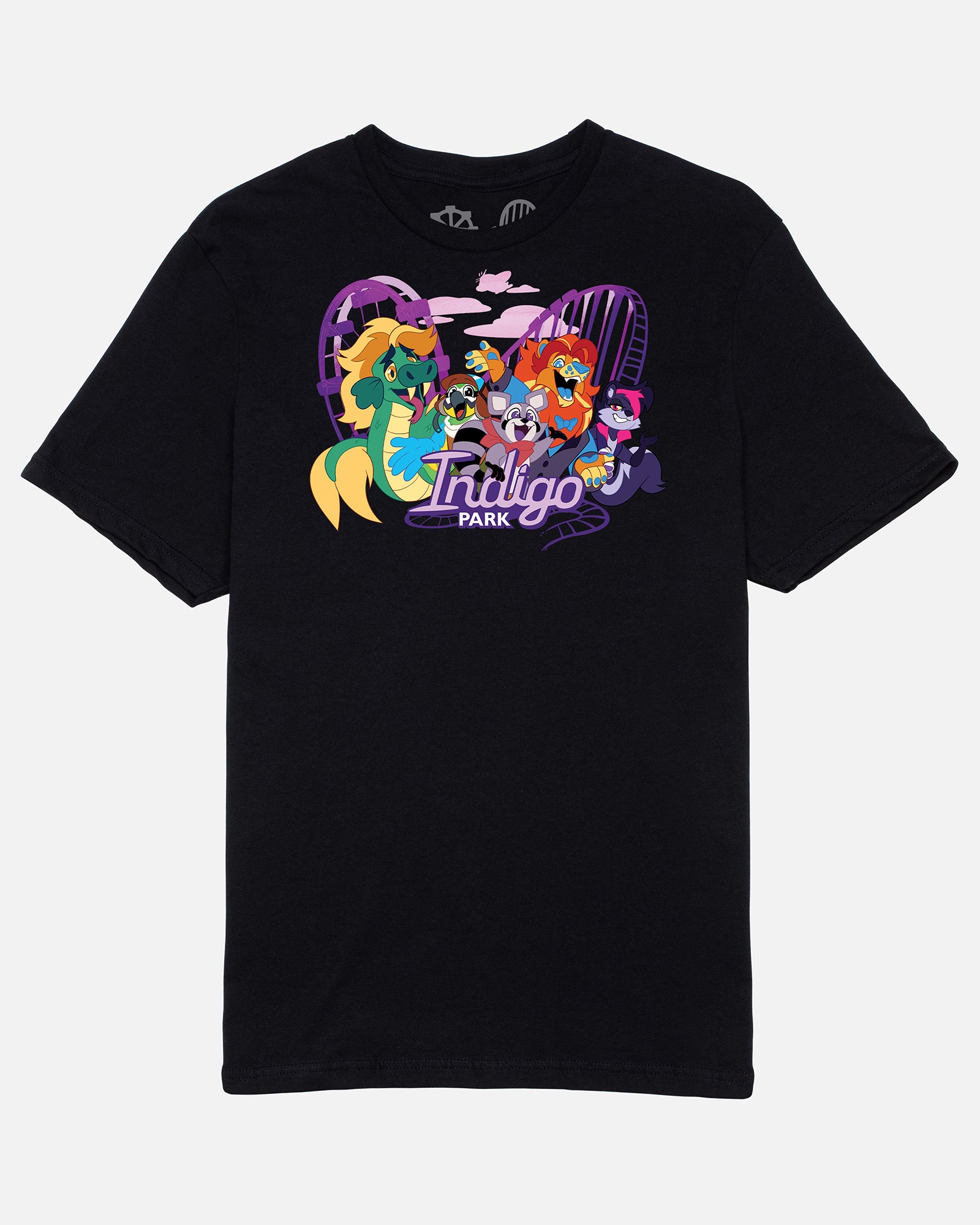 Black t-shirt with colorful graphic design on a white background