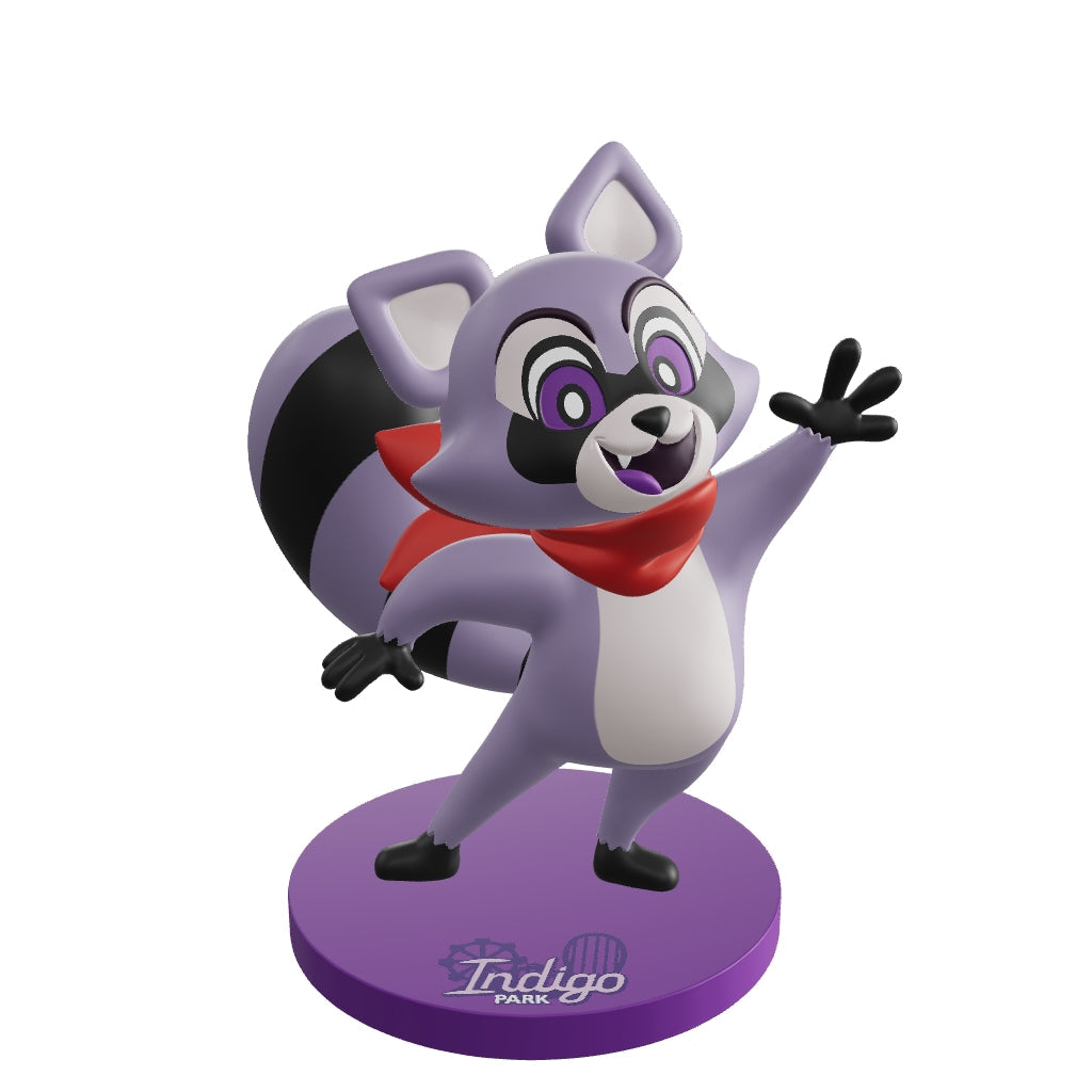 indigo park rambley the raccoon vinyl figure 360 view. text on stand: Indigo Park